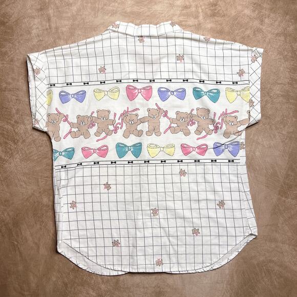 Vintage 80s Sweet n Sassy Teddy Bear Checkered Button Up Shirt White Bow Cottage - Picture 1 of 11